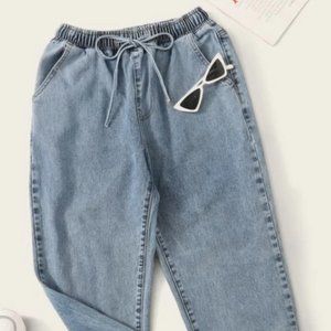 High Waisted Drawstring Waist Jogger Jeans